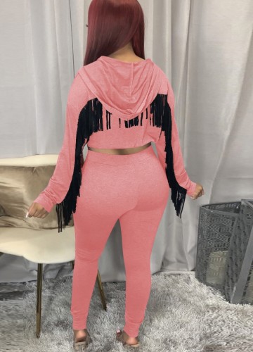 Pink Zipper Open Tassel Long Sleeve Hoody Top and Pant Two Piece Set