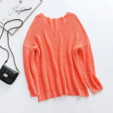 Orange V-Neck Drop Shoulder Loose Crochet Sweater Top