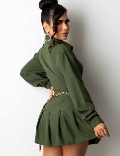 Green Knotted Long Sleeve Blouse and Pleated Mini Skirt Two Piece Set