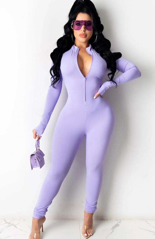Purple Long Sleeve Zipper Up Bodycon Jumpsuit