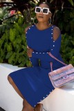 Blue Button Cut Out Long Sleeve Fitted Midi Dress