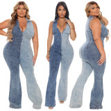 Plus Size Contrast Sleeveless Zip Up Flare Jumpsuit