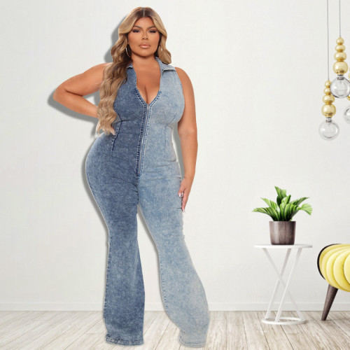 Plus Size Contrast Sleeveless Zip Up Flare Jumpsuit