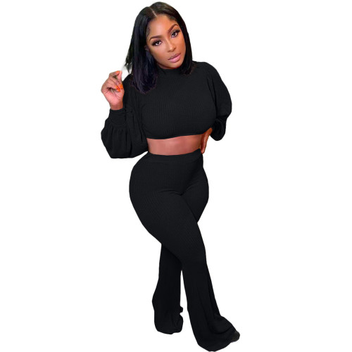 Knitted Black Crop Top and Flare Pants Two Piece Set