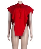 Red Hoody with Cap Sleeve Irregular Top