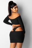 Black Off Shoulder Lace Up Crop Top and Ruched Mini Skirt Two Piece Set