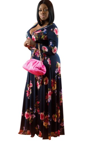 Plus Size Floral Print Long Sleeve V-Neck Maxi Dress