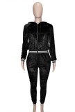 Black Velvet Long Sleeves Drawstring Hoody Top and Pants Two Piece Set