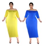 Plus Size Yellow Off Shoulder Half Sleeve Long Slim Fit Dress