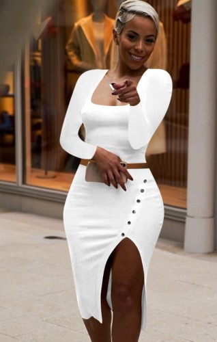 White Square Neck Long Sleeves Crop Top and Slit Skirt Two Piece Set