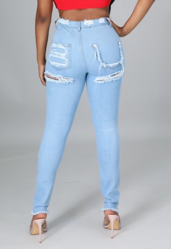 Light Blue Ripped Distressed High Waist Bodycon Jeans