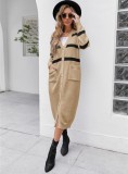 Khaki Stripes Button Open Long Sweater Cardigans with Pockets