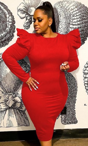 Red Frill Long Sleeve O-Neck Midi Fitted Dress