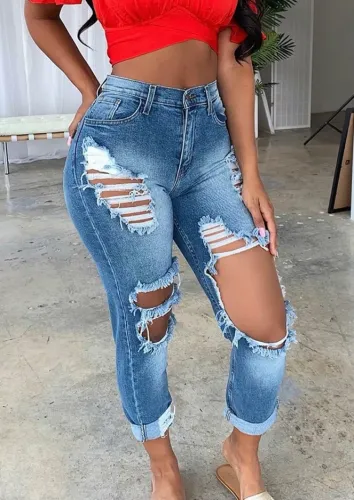 Blue High Waist Ripped Distressed Jeans with Pocket