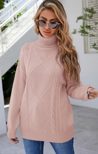 Pink Turndown Collar Drop Shoulder Long Sleeves Pullover Sweater