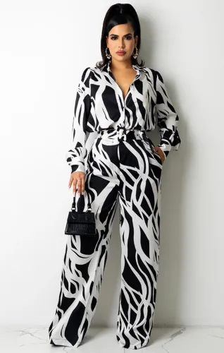 Print Long Sleeves Blouse and Loose Pants Two Piece Set with Belt