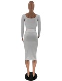 White Square Neck Long Sleeves Crop Top and Slit Skirt Two Piece Set