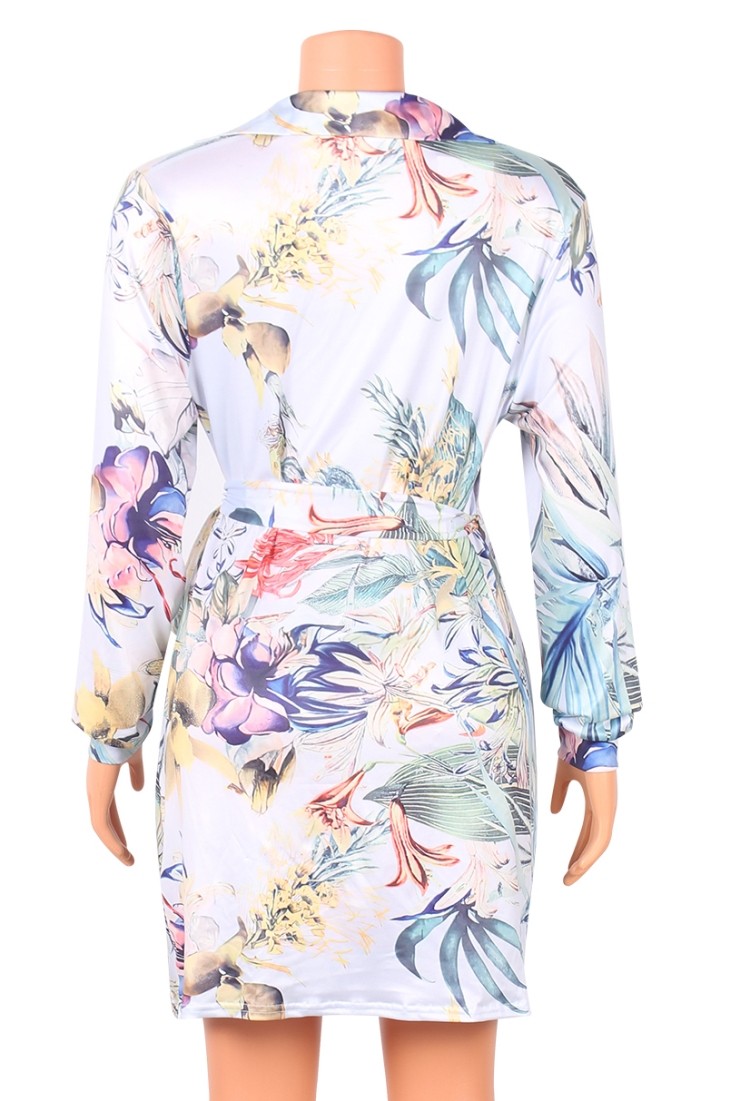 Floral Print White Long Sleeve Wrap Mini Dress with Belt US 9.48 www
