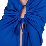 Blue Drawstring Side Slit Long Tank Dress