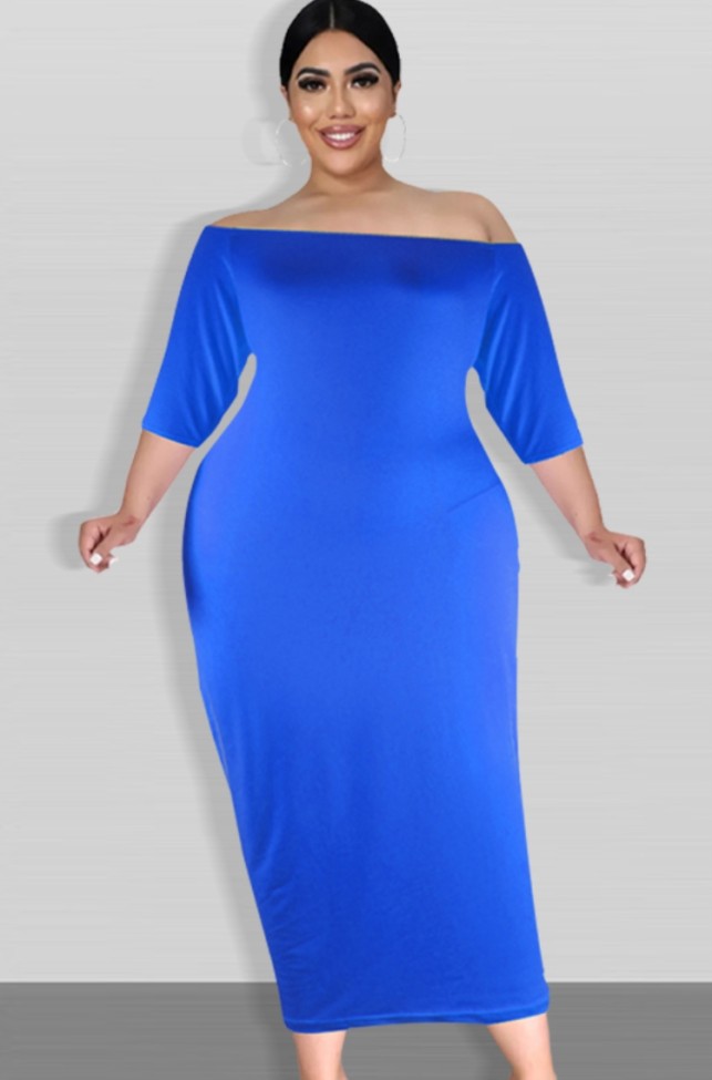 Plus Size Blue Off Shoulder Half Sleeve Long Slim Fit Dress