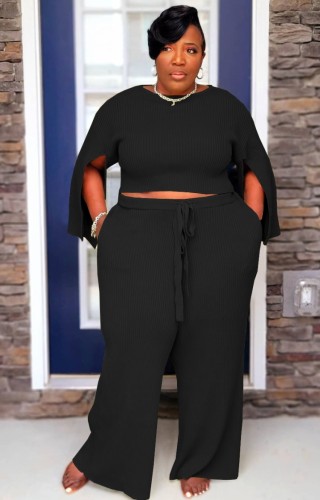 Plus Size Black Slit Long Sleeve O-Neck Top and Wide Pant Two Piece Set