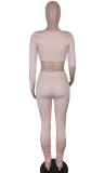 Beige Ruched Long Sleeve Crop Top and Slim Fit Pant Two Piece Set