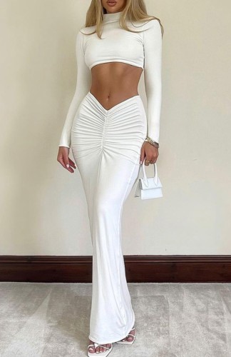 White Turtleneck Long Sleeve Crop Top and Ruched Maxi Dress Two Piece Set
