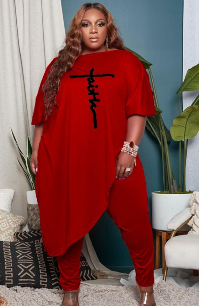 Plus Size Red Puff Sleeve Irregular Shirt and Tight Pants Two Piece Set