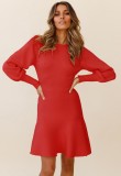 Red Knit Puff Sleeves O-Neck Midi Skater Dress