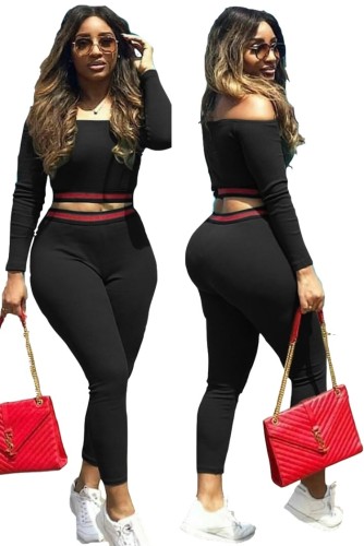 Red Piping Black Off Shoulder Long Sleeve Crop Top and Skinny Pants Two Piece Set