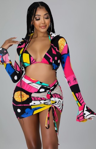 Print Long Sleeve Zipper Open Top and Ruched Skirt with Matching Bra Three Piece Set