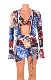 Print Long Sleeve Zipper Open Top and Ruched Skirt with Matching Bra Three Piece Set