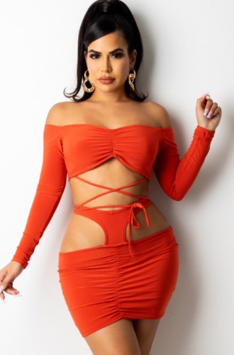 Orange Off Shoulder Lace Up Crop Top and Ruched Mini Skirt Two Piece Set