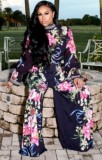 Black Floral Lace Stand Collar Flare Sleeve Top and High Waist Wide Pants Two Piece Set