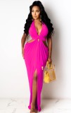Pink Halter Cut Out Slit Backless Maxi Dress