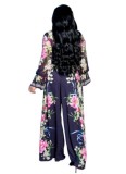 Black Floral Lace Stand Collar Flare Sleeve Top and High Waist Wide Pants Two Piece Set