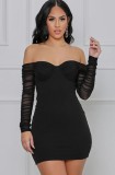 Black Strapless Mesh Sleeve Ruched Mini Tunic Dress