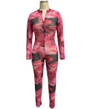 Print Pink Zipped Up Long Sleeve Fitted Jumpsuit