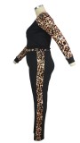 Plus Size Leopard Patchwork Long Sleeve O-Neck Top and Pant Two Piece Set