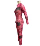 Print Pink Zipped Up Long Sleeve Fitted Jumpsuit