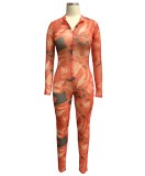 Print Orange Zipped Up Long Sleeve Fitted Jumpsuit