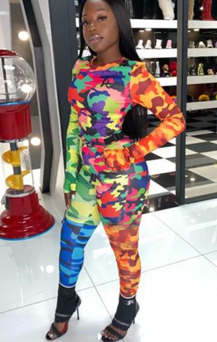 Multicolor Camou Print Long Sleeves O-Neck Top and Pants Two Piece Set