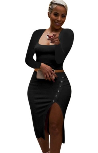 Black Square Neck Long Sleeves Crop Top and Slit Skirt Two Piece Set