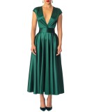 Green Satin Deep-V Long Shirring Dress