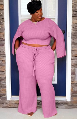 Plus Size Pink Slit Long Sleeve O-Neck Top and Wide Pant Two Piece Set