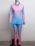 Gradient Long Sleeves Button Open Blouse and Matching Pants Two Piece Set