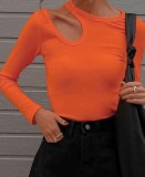 Orange Cut Out Long Sleeve Round Neck Tee