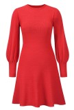 Red Knit Puff Sleeves O-Neck Midi Skater Dress