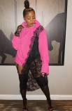 Black Irregular Lace Pink Long Sleeves Hoody Top