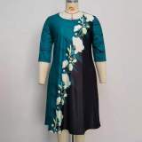 Plus Size Floral Print O-Neck A-Line Midi Dress